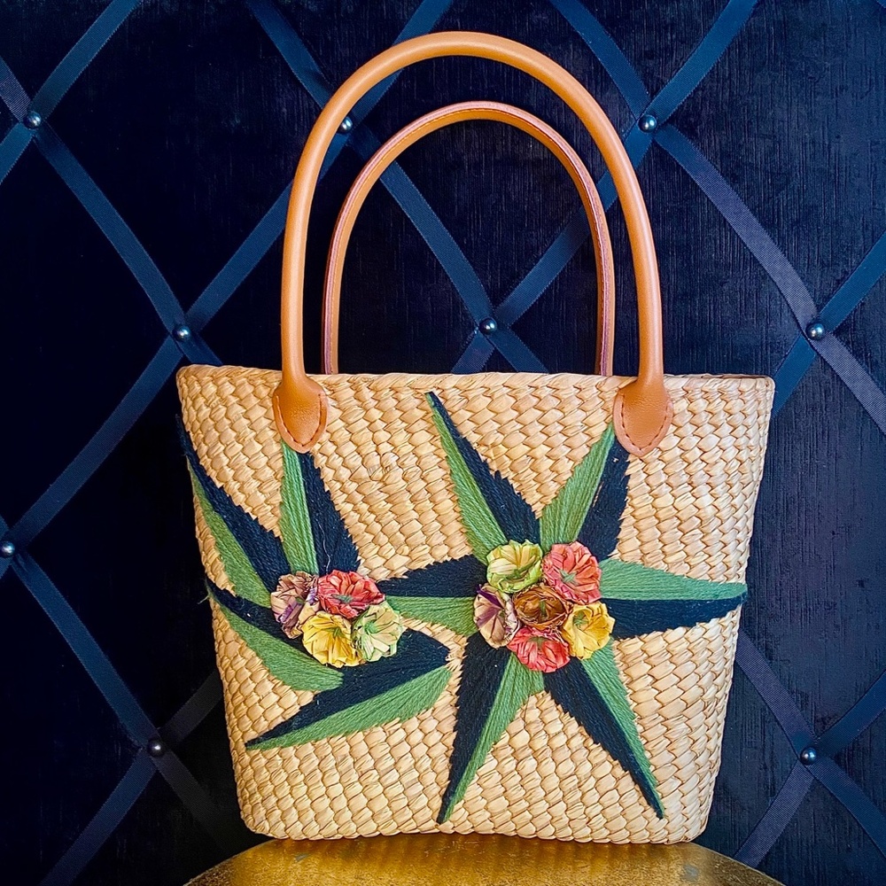 Embroidered Straw Tote Bag in Natural with Green Accents - Picture 2 of 11
